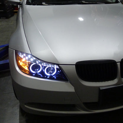 Ronnin - Fits 2006-2008 BMW 3-Series E90 325i 328i 330i E91 Wagon LED Angel Eyes Driving Lights Halogen Projector Headlights Assembly Pair | Black Smoke