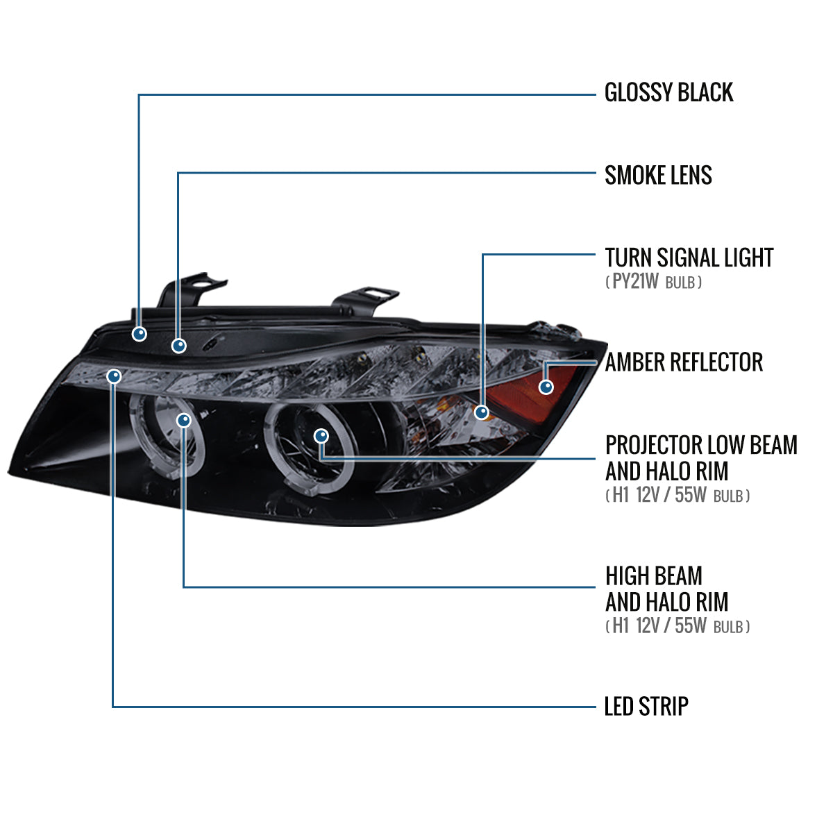 Ronnin - Fits 2006-2008 BMW 3-Series E90 325i 328i 330i E91 Wagon LED Angel Eyes Driving Lights Halogen Projector Headlights Assembly Pair | Black Smoke