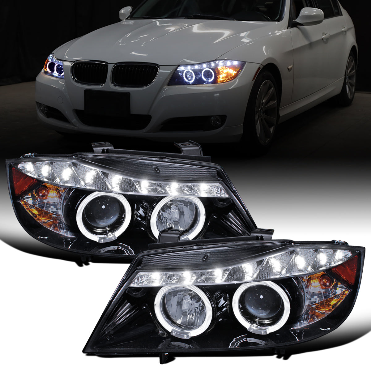 Ronnin - Fits 2006-2008 BMW 3-Series E90 325i 328i 330i E91 Wagon LED Angel Eyes Driving Lights Halogen Projector Headlights Assembly Pair | Black Smoke