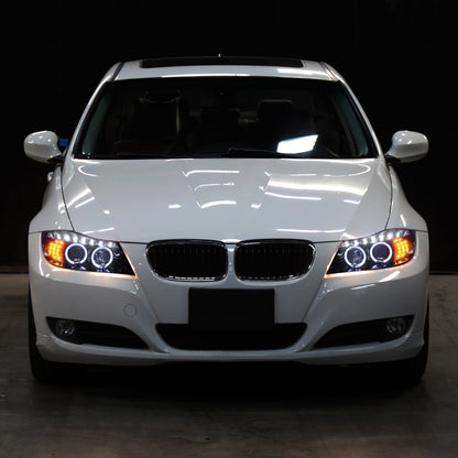 2006-2008 BMW 3-Series E90 325i 328i 330i E91 Wagon LED Turn Signals Halogen Projector Headlights Assembly Pair | Black Smoke