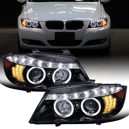2006-2008 BMW 3-Series E90 325i 328i 330i E91 Wagon LED Turn Signals Halogen Projector Headlights Assembly Pair | Black Smoke