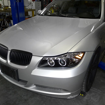 2006-2008 BMW 3-Series E90 325i 328i 330i E91 Wagon LED Angel Eyes Driving Lights Halogen Projector Headlights Assembly Pair | Black