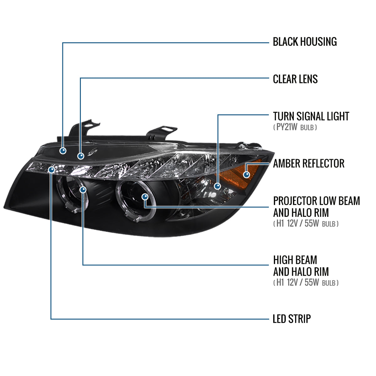 Ronnin - Fits 2006-2008 BMW 3-Series E90 325i 328i 330i E91 Wagon LED Angel Eyes Driving Lights Halogen Projector Headlights Assembly Pair | Black