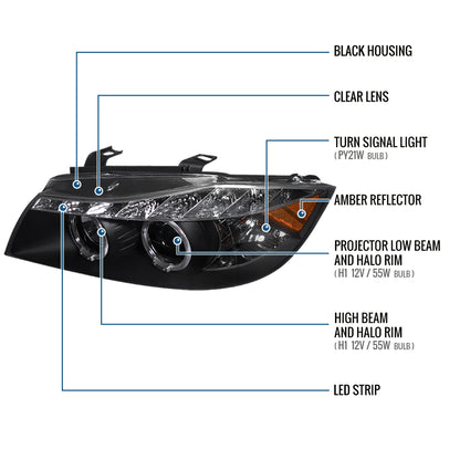 Ronnin - Fits 2006-2008 BMW 3-Series E90 325i 328i 330i E91 Wagon LED Angel Eyes Driving Lights Halogen Projector Headlights Assembly Pair | Black