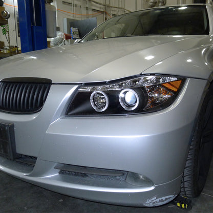 Ronnin - Fits 2006-2008 BMW 3-Series E90 325i 328i 330i E91 Wagon LED Angel Eyes Driving Lights Halogen Projector Headlights Assembly Pair | Black