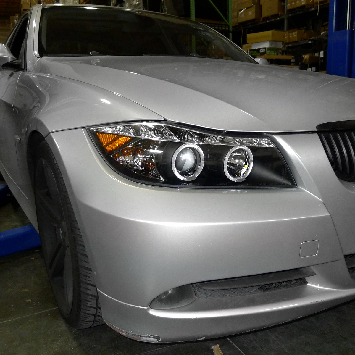 Ronnin - Fits 2006-2008 BMW 3-Series E90 325i 328i 330i E91 Wagon LED Angel Eyes Driving Lights Halogen Projector Headlights Assembly Pair | Black