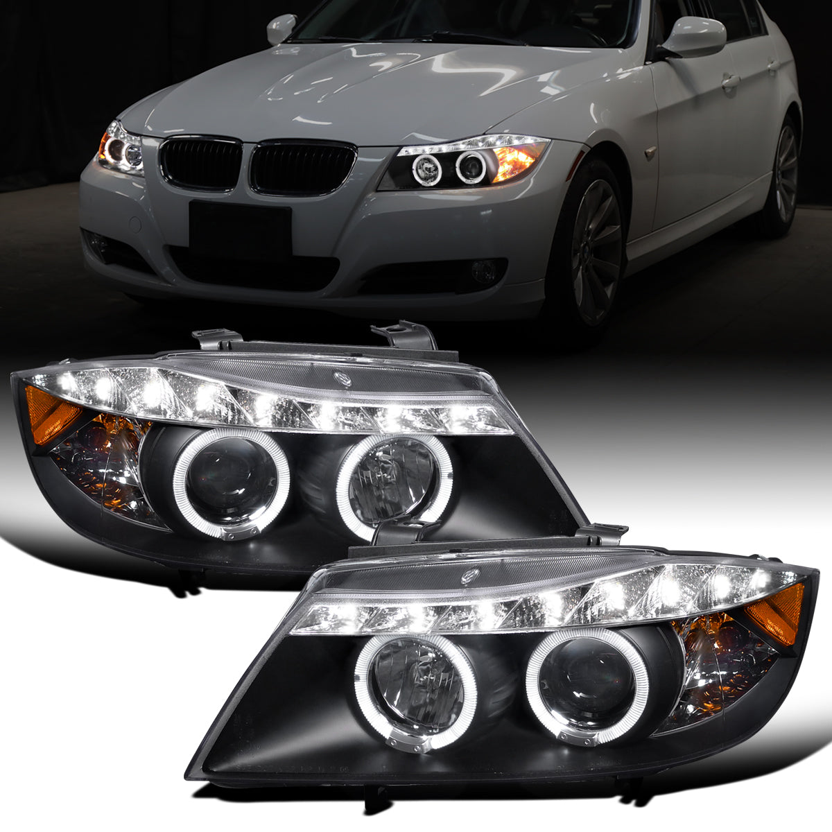 Ronnin - Fits 2006-2008 BMW 3-Series E90 325i 328i 330i E91 Wagon LED Angel Eyes Driving Lights Halogen Projector Headlights Assembly Pair | Black
