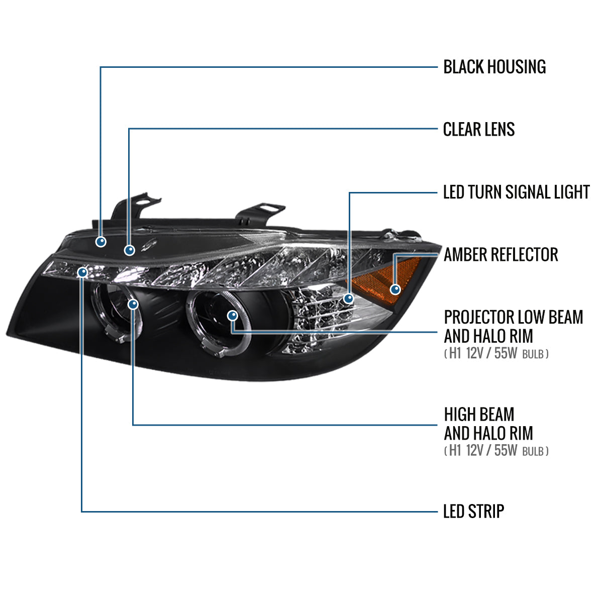 2006-2008 BMW 3-Series E90 325i 328i 330i E91 Wagon LED Turn Signals Halogen Projector Headlights Assembly Pair | Black