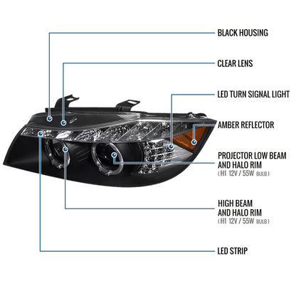 2006-2008 BMW 3-Series E90 325i 328i 330i E91 Wagon LED Turn Signals Halogen Projector Headlights Assembly Pair | Black