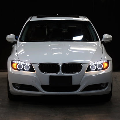 2006-2008 BMW 3-Series E90 325i 328i 330i E91 Wagon LED Turn Signals Halogen Projector Headlights Assembly Pair | Black