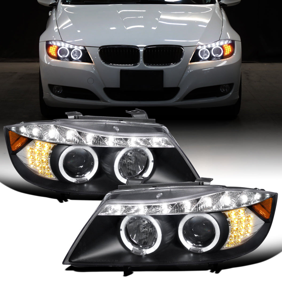 2006-2008 BMW 3-Series E90 325i 328i 330i E91 Wagon LED Turn Signals Halogen Projector Headlights Assembly Pair | Black