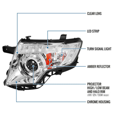 Ronnin - Fits 2007-2010 Ford Edge Upgraded Replacement LED Halo Rim Halogen Projector Headlights Assembly Pair | Chrome