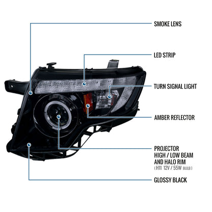 Ronnin - Fits 2007-2010 Ford Edge Upgraded Replacement LED Halo Rim Halogen Projector Headlights Assembly Pair | Black Smoke