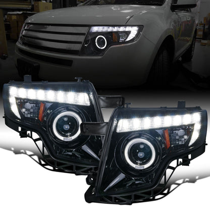 Ronnin - Fits 2007-2010 Ford Edge Upgraded Replacement LED Halo Rim Halogen Projector Headlights Assembly Pair | Black Smoke