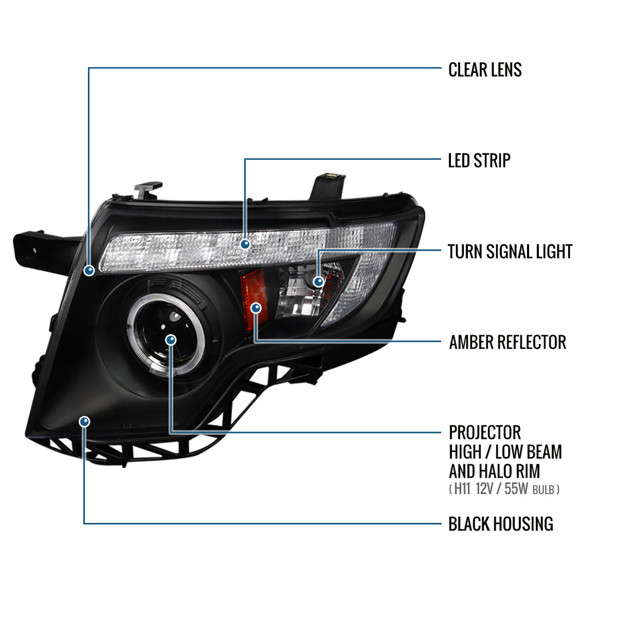 Ronnin - Fits 2007-2010 Ford Edge Upgraded Replacement LED Halo Rim Halogen Projector Headlights Assembly Pair | Black