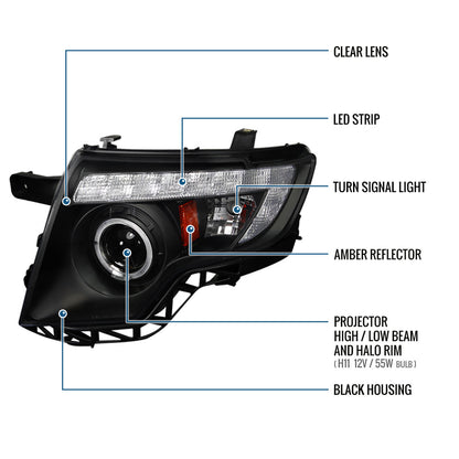 Ronnin - Fits 2007-2010 Ford Edge Upgraded Replacement LED Halo Rim Halogen Projector Headlights Assembly Pair | Black