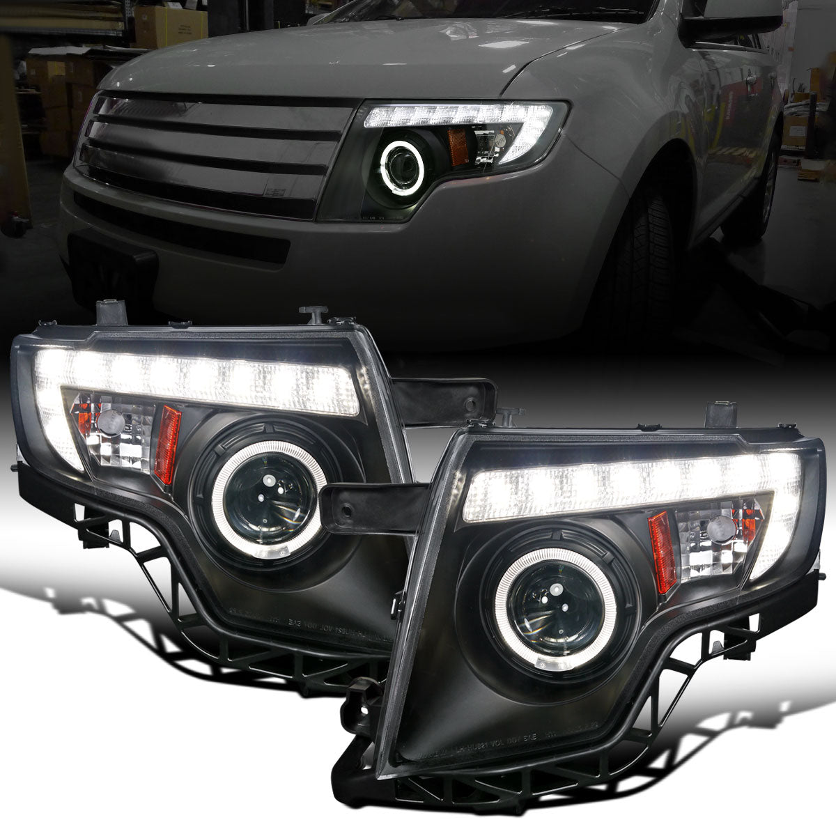 Ronnin - Fits 2007-2010 Ford Edge Upgraded Replacement LED Halo Rim Halogen Projector Headlights Assembly Pair | Black