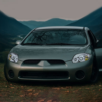 Ronnin - Compatible con Mitsubishi Eclipse 2006-2012, par de faros delanteros con proyector de doble aro LED mejorados | Cromados