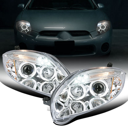Ronnin - Compatible con Mitsubishi Eclipse 2006-2012, par de faros delanteros con proyector de doble aro LED mejorados | Cromados
