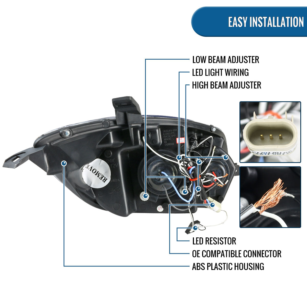 Ronnin - Se adapta a Mitsubishi Eclipse 2006-2012, par de conjuntos de faros delanteros tipo proyector con LED de doble halo mejorados | Negro brillante