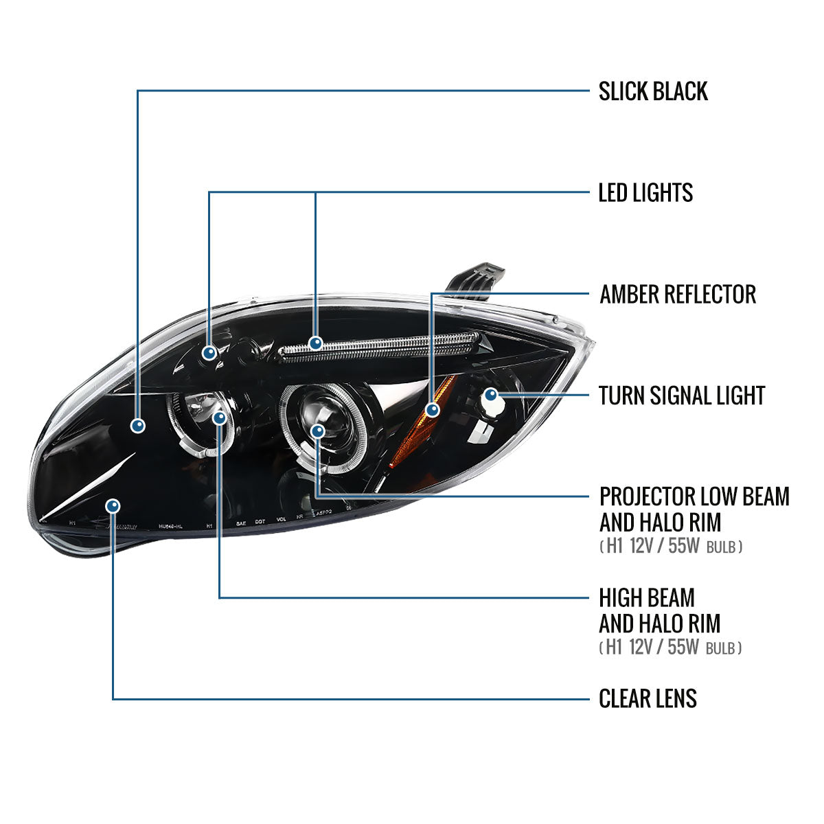 Ronnin - Se adapta a Mitsubishi Eclipse 2006-2012, par de conjuntos de faros delanteros tipo proyector con LED de doble halo mejorados | Negro brillante