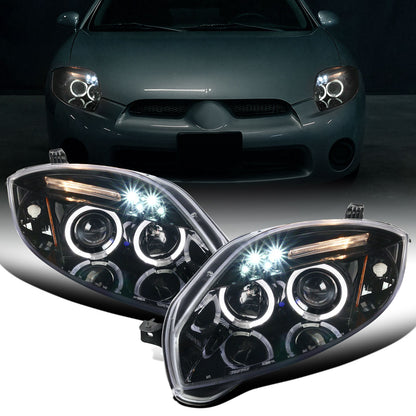 Ronnin - Se adapta a Mitsubishi Eclipse 2006-2012, par de conjuntos de faros delanteros tipo proyector con LED de doble halo mejorados | Negro brillante