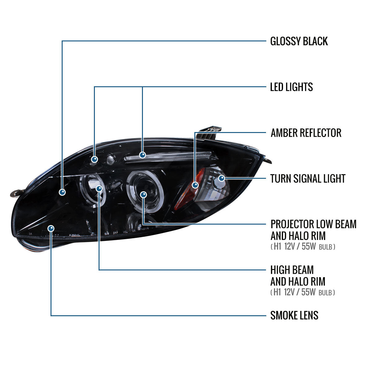 Ronnin - Compatible con Mitsubishi Eclipse 2006-2012, par de faros delanteros con proyector LED de doble aro mejorados | Negro humo