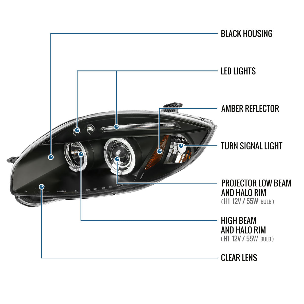 Ronnin - Compatible con Mitsubishi Eclipse 2006-2012, par de faros delanteros con proyector LED de doble aro mejorados | Negro