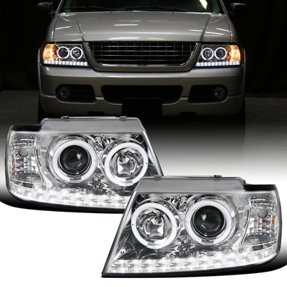 Ronnin - Faros delanteros con proyector LED de doble aro de repuesto para Ford Explorer 2002-2005 | Cromo