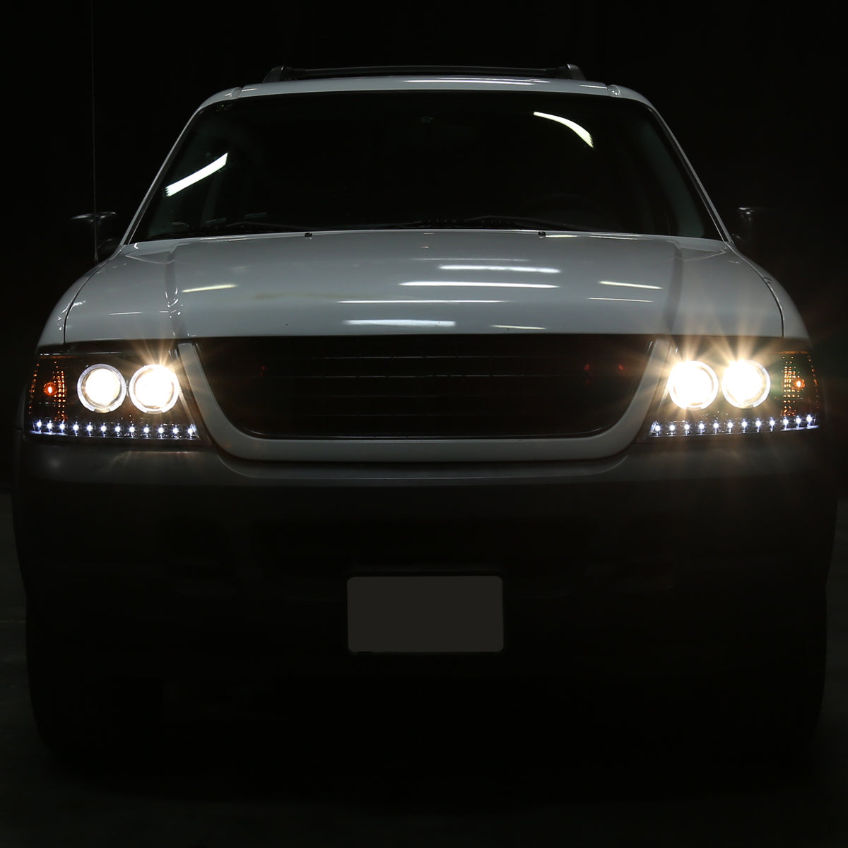 Ronnin - Faros delanteros con proyector LED de doble aro de repuesto y mejora para Ford Explorer 2002-2005 | Par de montaje negro brillante