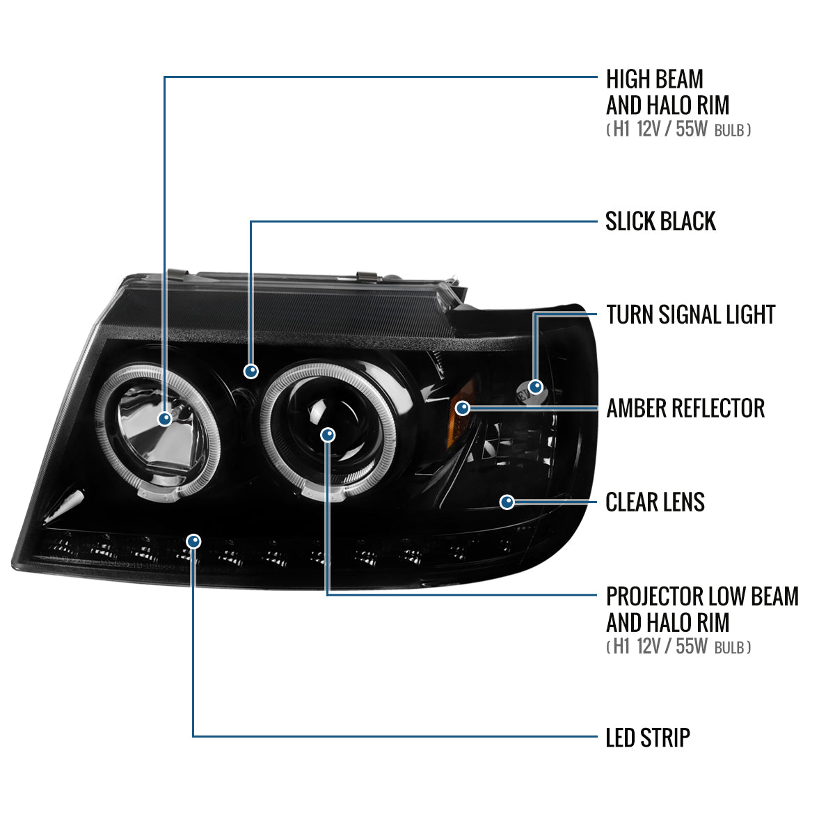 Ronnin - Faros delanteros con proyector LED de doble aro de repuesto y mejora para Ford Explorer 2002-2005 | Par de montaje negro brillante