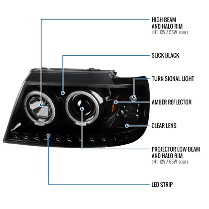 Ronnin - Faros delanteros con proyector LED de doble aro de repuesto y mejora para Ford Explorer 2002-2005 | Par de montaje negro brillante
