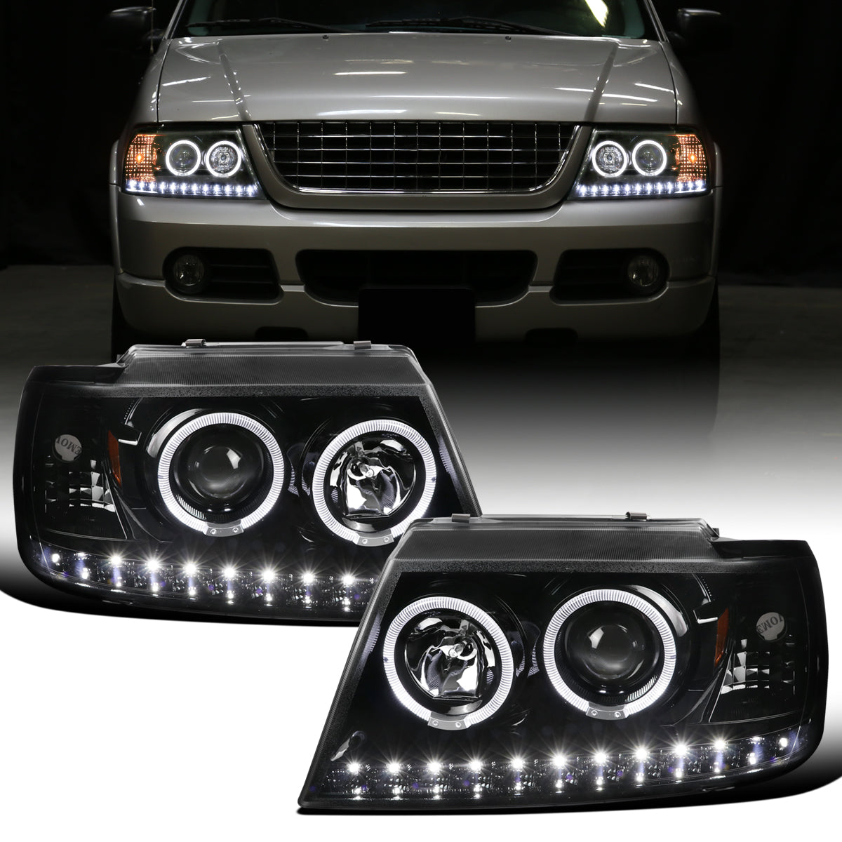 Ronnin - Faros delanteros con proyector LED de doble aro de repuesto y mejora para Ford Explorer 2002-2005 | Par de montaje negro brillante