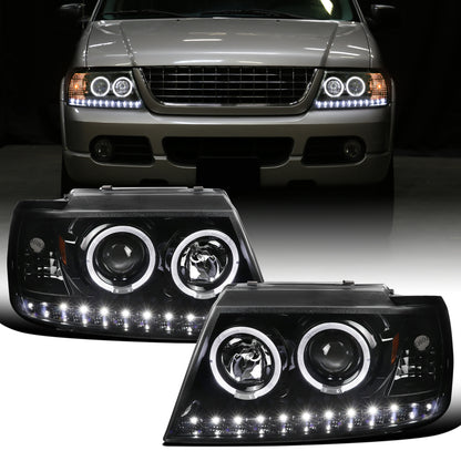 Ronnin - Faros delanteros con proyector LED de doble aro de repuesto y mejora para Ford Explorer 2002-2005 | Par de montaje negro brillante