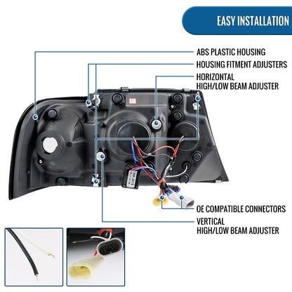 Ronnin - Faros delanteros con proyector de doble aro LED de repuesto mejorados para Ford Explorer 2002-2005, par | Humo negro