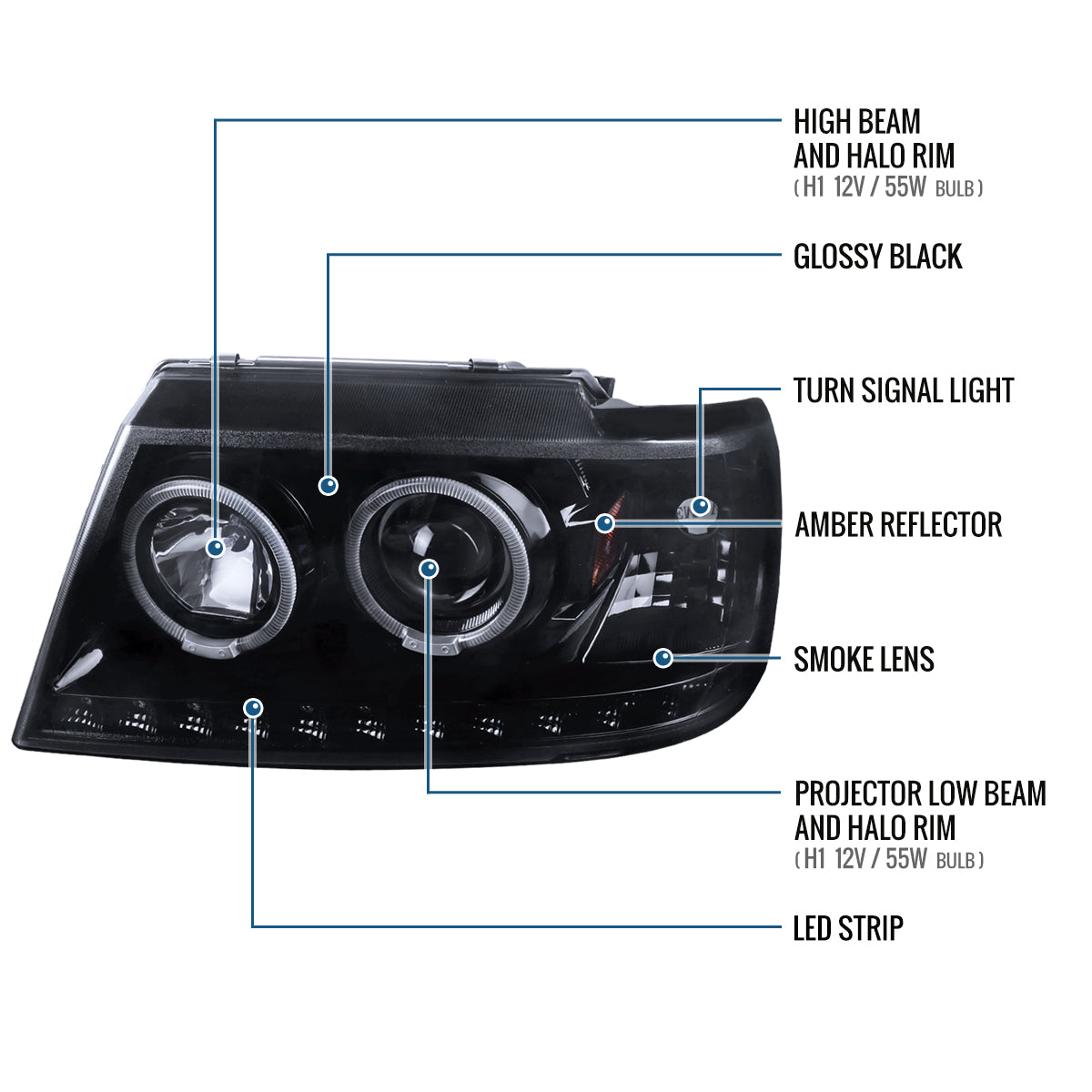 Ronnin - Faros delanteros con proyector de doble aro LED de repuesto mejorados para Ford Explorer 2002-2005, par | Humo negro