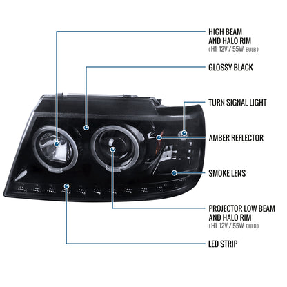 Ronnin - Faros delanteros con proyector de doble aro LED de repuesto mejorados para Ford Explorer 2002-2005, par | Humo negro