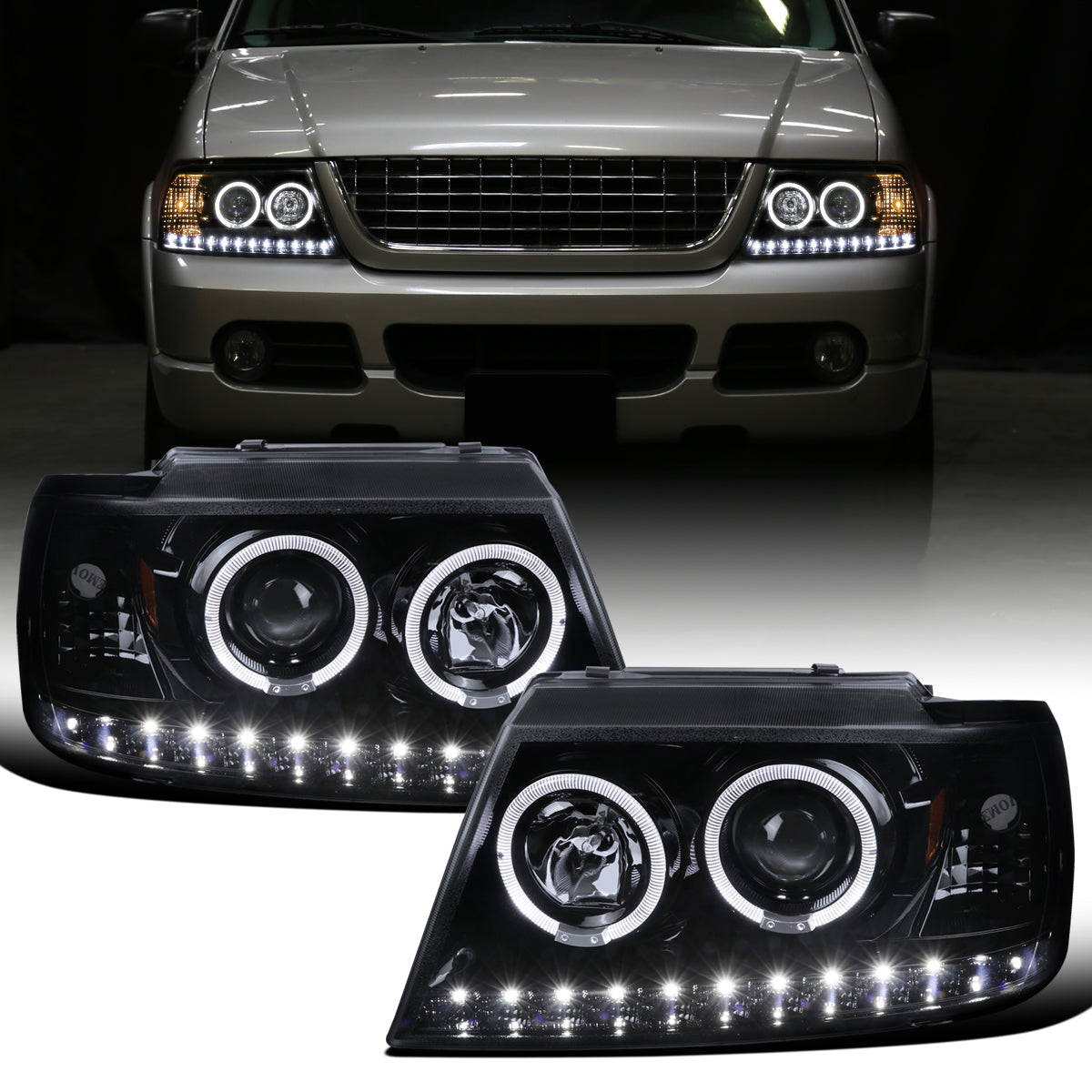 Ronnin - Faros delanteros con proyector de doble aro LED de repuesto mejorados para Ford Explorer 2002-2005, par | Humo negro