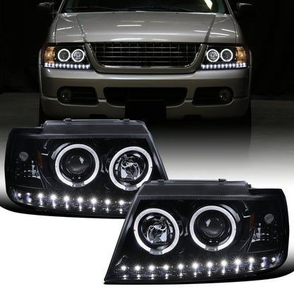 Ronnin - Faros delanteros con proyector de doble aro LED de repuesto mejorados para Ford Explorer 2002-2005, par | Humo negro