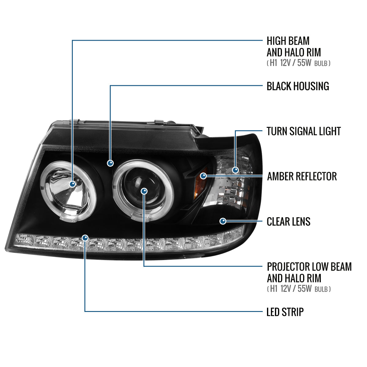 Ronnin - Se adapta a 2002-2005 Ford Explorer, par de faros delanteros con proyector de doble aro LED, de repuesto, color negro