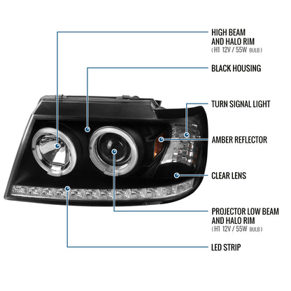 Ronnin - Se adapta a 2002-2005 Ford Explorer, par de faros delanteros con proyector de doble aro LED, de repuesto, color negro