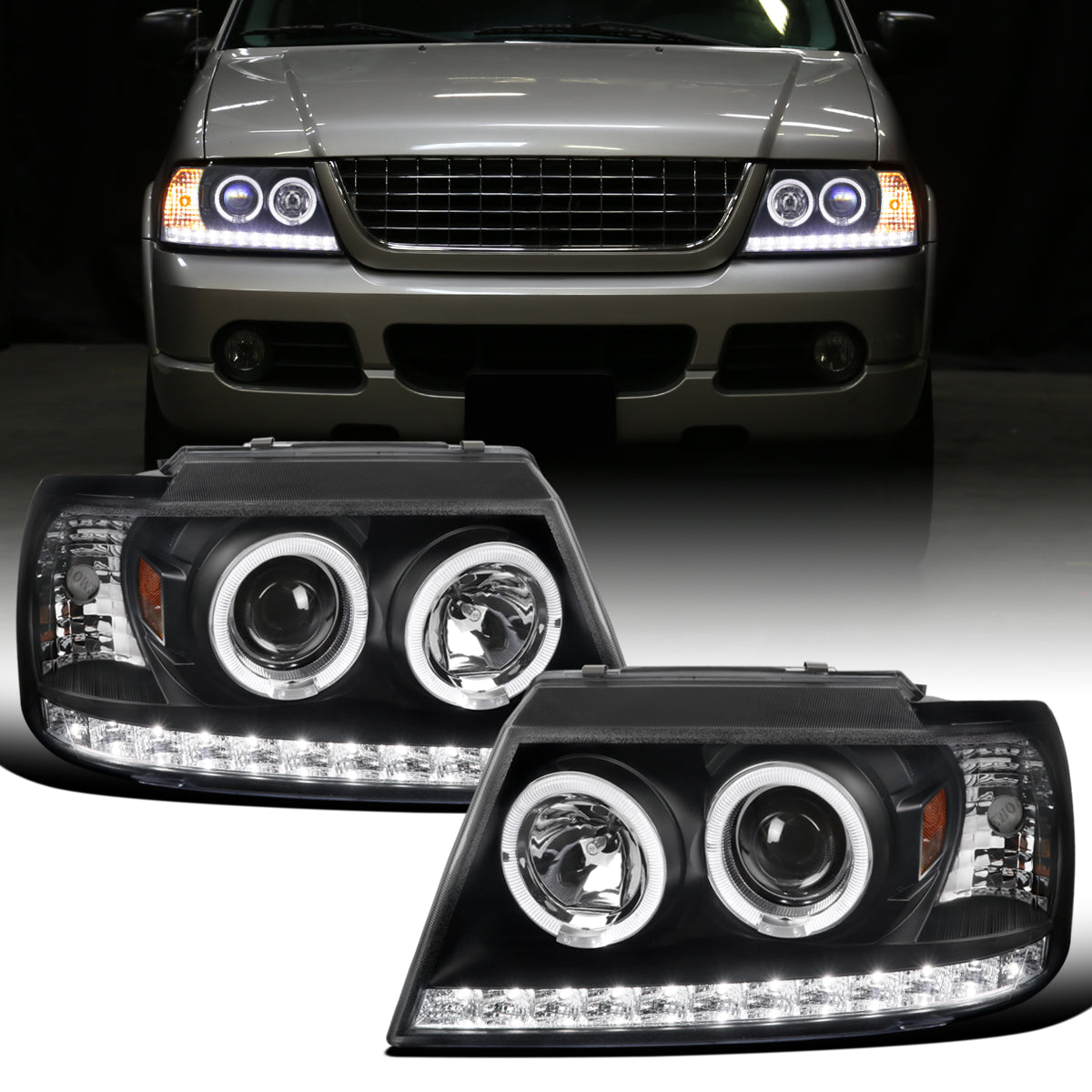 Ronnin - Se adapta a 2002-2005 Ford Explorer, par de faros delanteros con proyector de doble aro LED, de repuesto, color negro