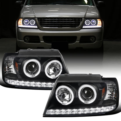 Ronnin - Se adapta a 2002-2005 Ford Explorer, par de faros delanteros con proyector de doble aro LED, de repuesto, color negro