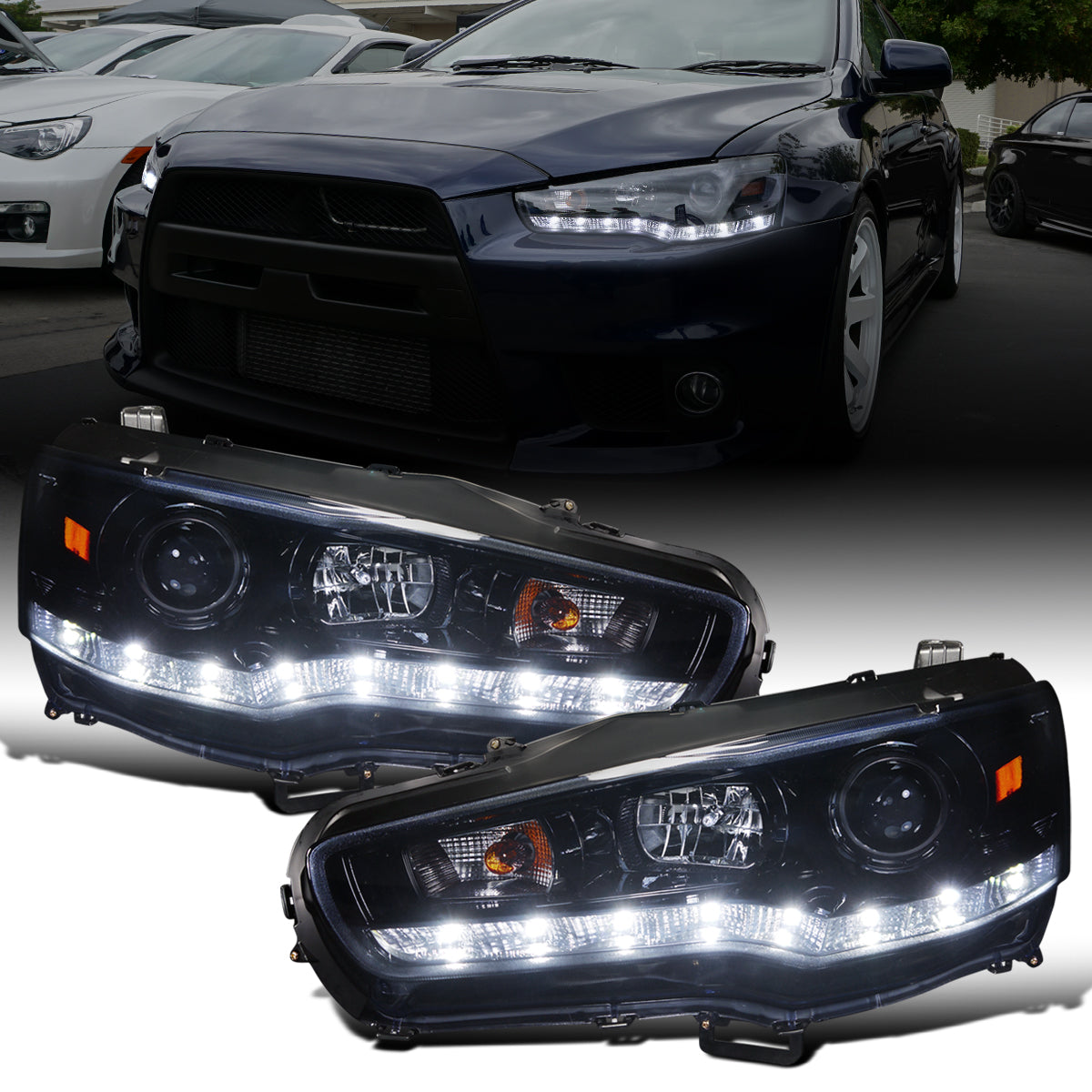 Ronnin - Fits 2008-2017 Mitsubishi Lancer Evo X Upgraded Replacement LED Driving Light Halogen Projector Headlights Assembly Pair | Black Smoke