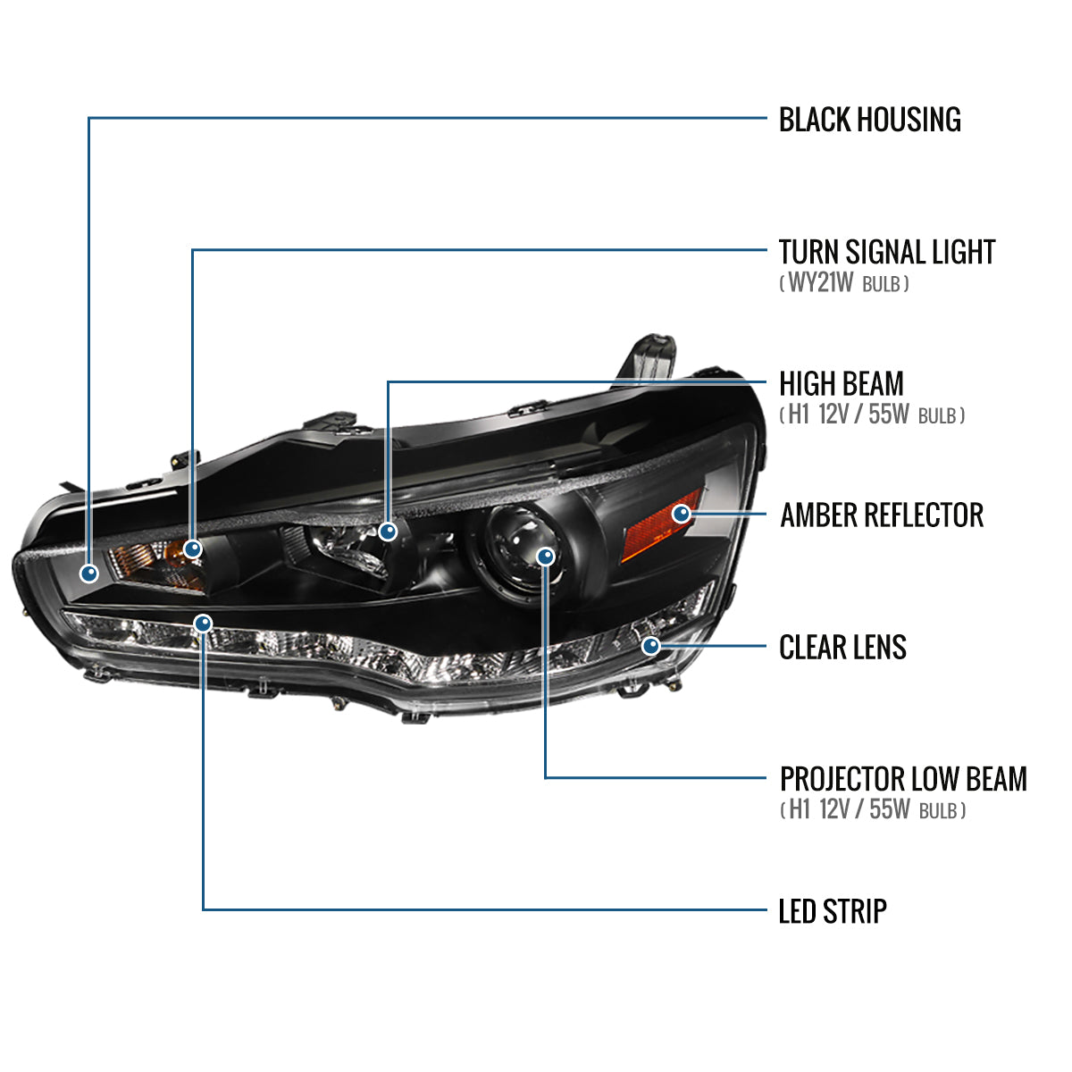 Ronnin - Fits 2008-2017 Mitsubishi Lancer Evo X Upgraded Replacement LED Driving Light Halogen Projector Headlights Assembly Pair | Black