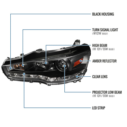 Ronnin - Fits 2008-2017 Mitsubishi Lancer Evo X Upgraded Replacement LED Driving Light Halogen Projector Headlights Assembly Pair | Black