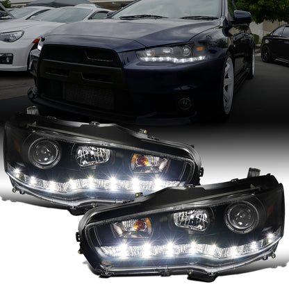 Ronnin - Fits 2008-2017 Mitsubishi Lancer Evo X Upgraded Replacement LED Driving Light Halogen Projector Headlights Assembly Pair | Black