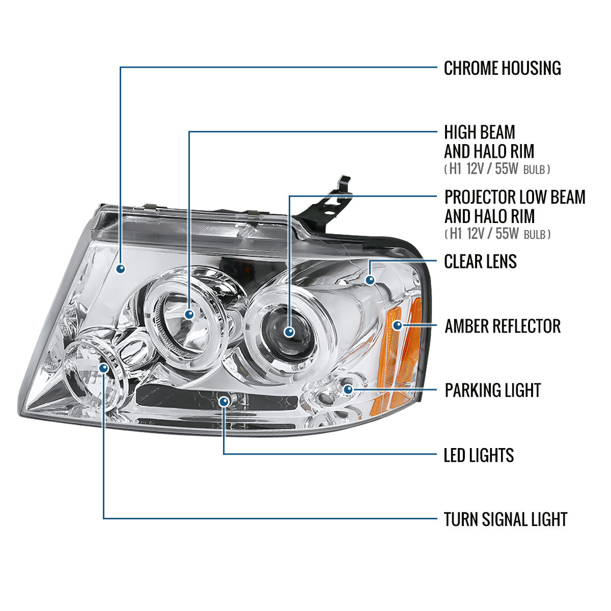 Ronnin - Se adapta a Ford F150 Lincoln Mark LT 2004-2008 Par de faros delanteros con proyector LED de doble aro | Cromado