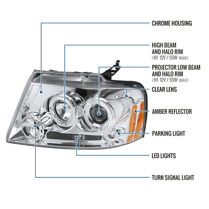 Ronnin - Se adapta a Ford F150 Lincoln Mark LT 2004-2008 Par de faros delanteros con proyector LED de doble aro | Cromado