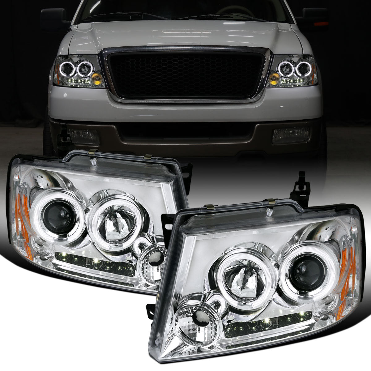 Ronnin - Se adapta a Ford F150 Lincoln Mark LT 2004-2008 Par de faros delanteros con proyector LED de doble aro | Cromado